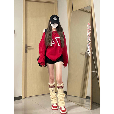 美式红色一字肩长袖t恤女春秋季