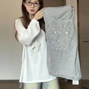 新款 雪花棉设计感灰色Kitty猫镂空刺绣T恤女夏季 百搭减龄宽松上衣