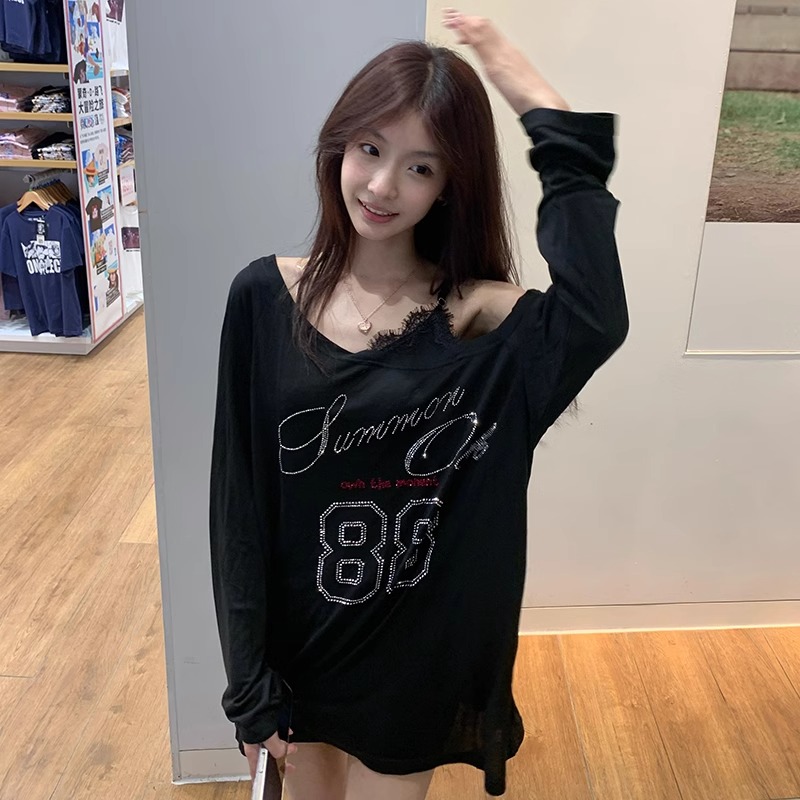 美式辣妹斜肩长袖t恤女2025夏季