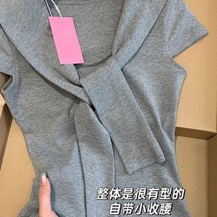 正肩短款 海军领绑带假两件短袖 高级感气质修身 T恤女夏季 上衣 新款