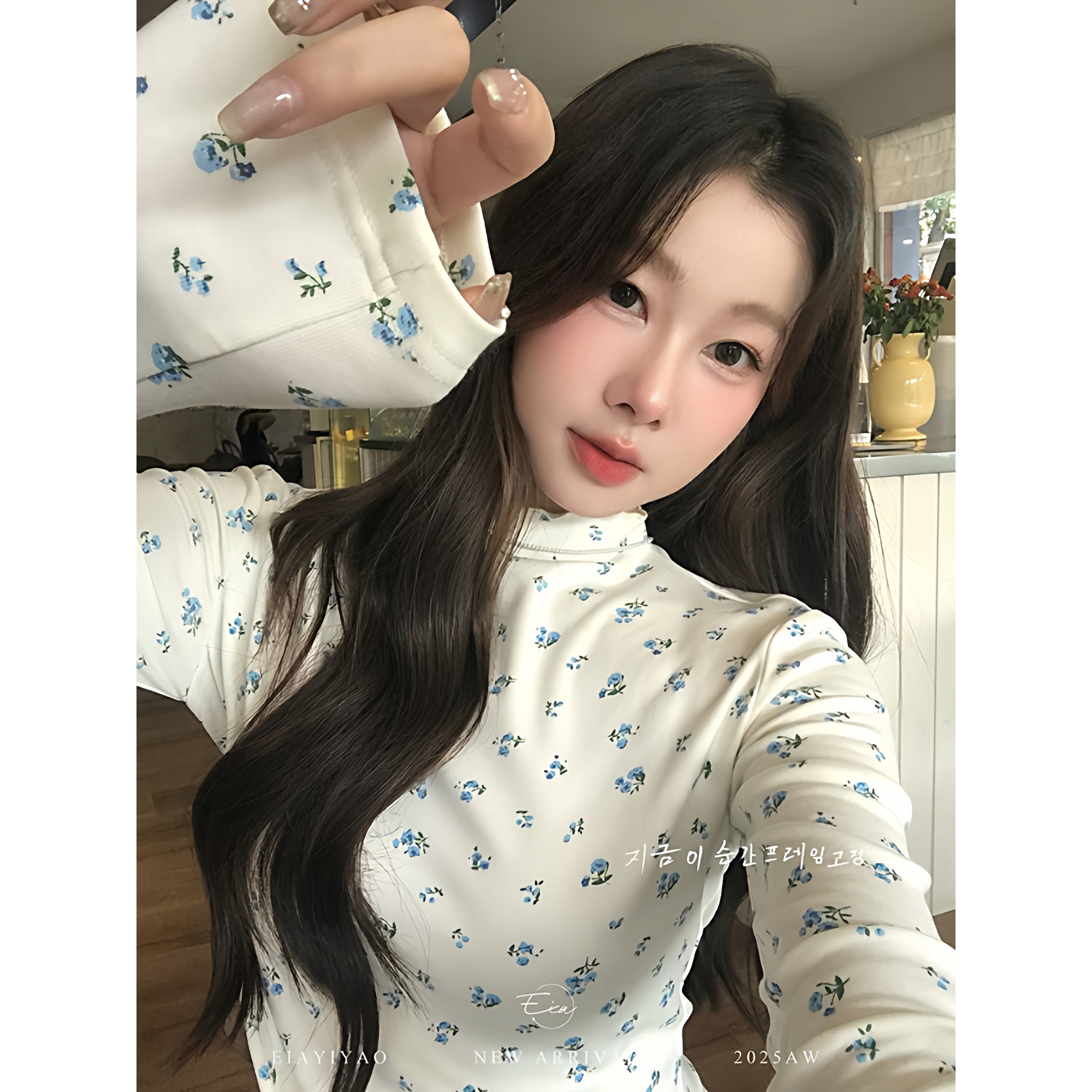 法式复古碎花半高领打底衫女