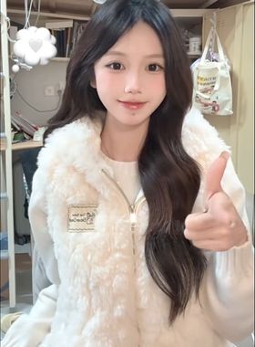 环保兔毛白色连帽夹棉马甲背心女秋冬新款加厚保暖羊羔绒小熊耳朵