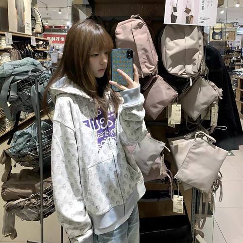 美式高街灰色连帽卫衣外套女秋