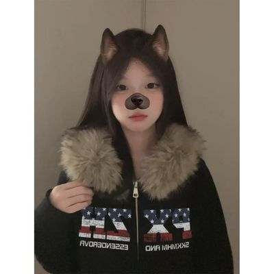美式辣妹黑色毛领连帽卫衣外套女
