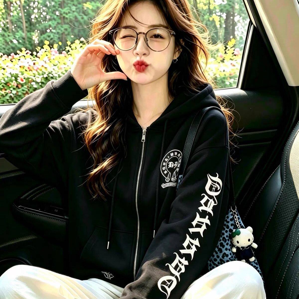美式复古黑色十字架梵文字母印花卫衣女秋冬学生拉链开衫连帽外套