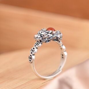 镀925银戒指复古做旧古钱币貔貅镶嵌南红可调节女戒民族风镶钻