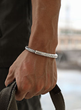 镀925银藏式六字真言手镯男心经开口镯子复古扭线手环男士