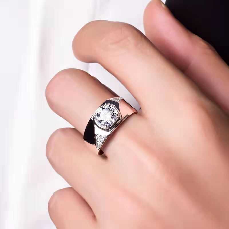 新品925银镀18K白金戒指男款仿真