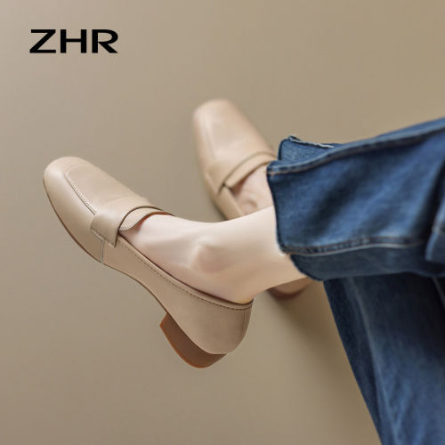 ZHR真皮方头粗跟软底乐福鞋女