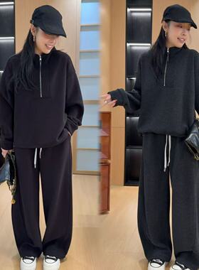 二姐的宝藏秋冬新款加绒加厚高领拉链外套两件套弯刀裤套装#25453