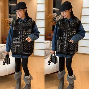 25518 拼图马甲 二姐 宝藏秋冬腰果花撞色圆领毛衣开衫