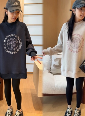 二姐的宝藏加绒加厚百合花中长款圆领刺绣宽松长袖卫衣 #25466