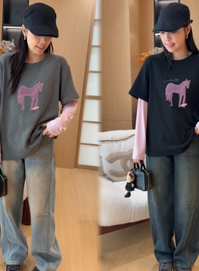 二姐的宝藏冬季新款设计感圆领动物图案假两件长袖T恤#25531