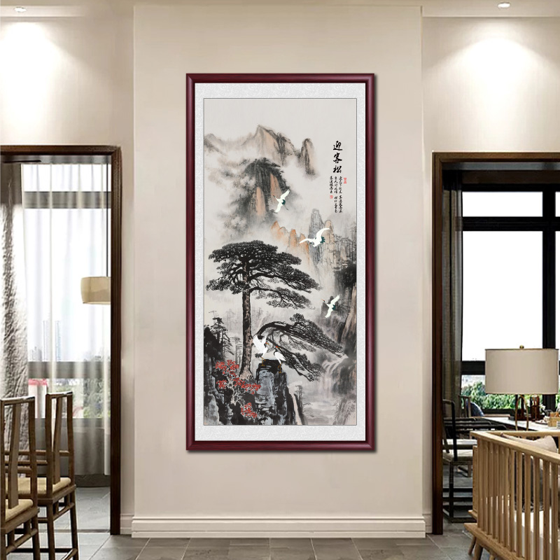 迎客松国画新中式入户玄关装饰画中堂画客厅挂画墙壁画走廊山水画图片