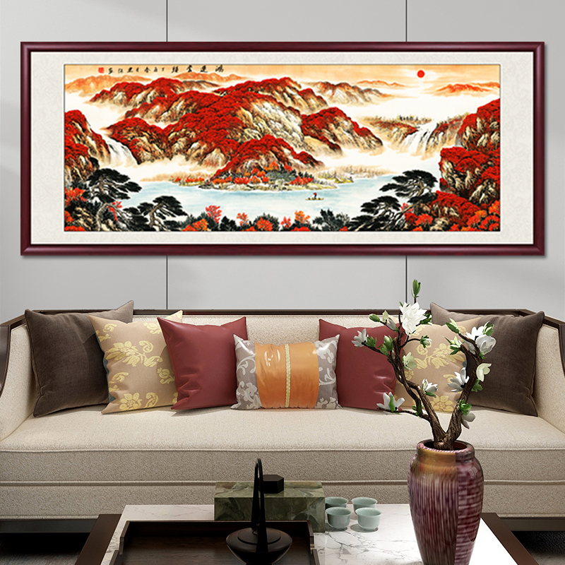 鸿运当头国画山水画手绘客厅挂画办公室装饰画靠山沙发背景墙壁画图片