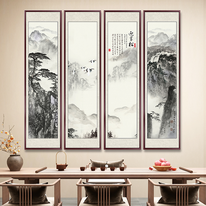 四联挂画水墨画山水画茶室壁画