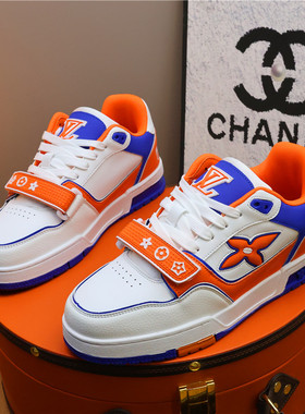 欧美轻奢潮流魔术贴板鞋男白蓝拼色运动休闲鞋耐磨学生增高潮鞋女