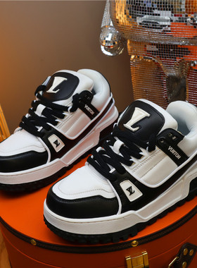 欧美站轻奢男士黑白厚底面包鞋休闲板鞋2025秋增高百搭潮流运动鞋