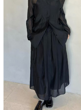 巧珀思｜柔顺微透丝棉绡前后开叉真丝棉压褶松紧腰A字长半裙17950