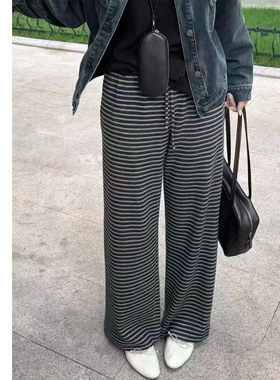 巧珀思｜24319微绒感羊毛棉混纺黑灰条纹直筒抽绳松紧高腰休闲裤