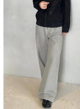 巧珀思｜土耳其色织纯棉混色麻灰高腰直筒牛仔裤14155