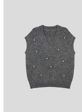 巧珀思｜轻盈蓬松雪星手工钉珠V领廓形针织马甲背心20999