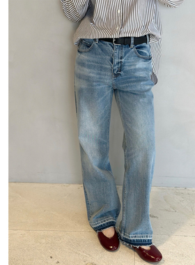 巧珀思｜土耳其进口面料裤脚撞色毛边小直筒牛仔裤18819