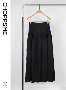 巧珀思｜亚麻粘纤混纺，侧拉链复古宽腰褶裥长半裙 13089