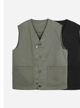 巧珀思｜复古人字纹拉链单排扣帅气拼贴口袋V领轻质工装马甲15430