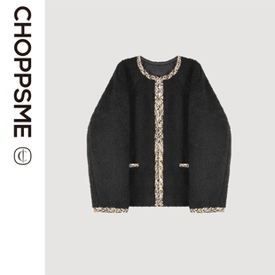 巧珀思｜23860骆驼绒羊毛混纺撞色编织边宽松圆领毛呢外套