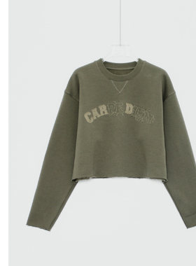 巧珀思｜时尚休闲 流苏贴布直裁复古圆领长袖落肩套头短卫衣14289