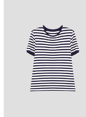 巧珀思｜柔软弹力粘纤经典蓝白条纹海魂衫小圆领短袖T恤15578