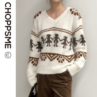 巧珀思｜20041厚实柔软羊驼毛混纺费尔岛提花V领针织衫宽松毛衣