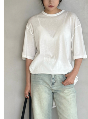 巧珀思｜纸片人感无侧缝后中缝廓形宽松过臀中长款纯棉T恤15664