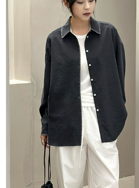 巧珀思｜18MM桑锦绸真丝 微皱肌理缉线边撞色宽松长袖衬衫17474