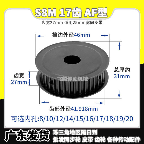 S8M17齿250铁槽宽27AF型两面平同步轮45#碳钢发黑孔151617181920