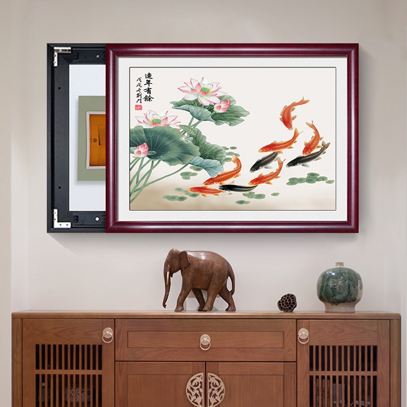 新中式荷花九鱼图店电表箱装饰画客厅电闸箱遮挡挂画玄关免打孔画图片