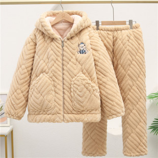 冬季儿童睡衣加厚加绒三层夹棉袄男童女宝中长款亲子装家居服套装