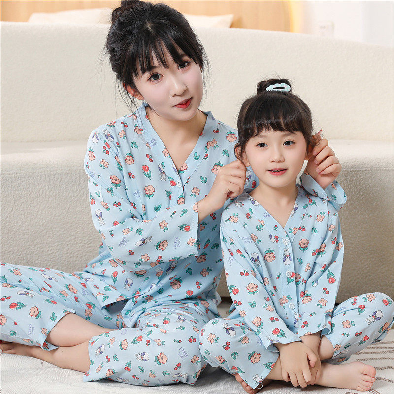 春秋季棉绸长袖亲子装母女睡衣可爱女孩中大童卡通儿童家居服套装