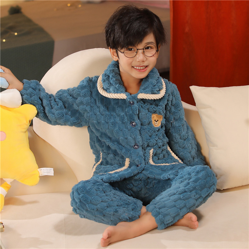 儿童装男童睡衣秋冬款家居服加绒冬季珊瑚绒大童男孩法兰绒加厚潮