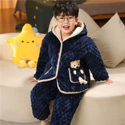 儿童睡衣男童小男孩秋冬季三层夹棉加厚款加绒珊瑚绒2024新款冬天