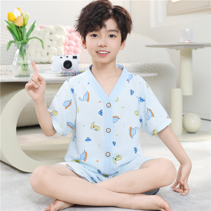 2026新款卡通风儿童睡衣夏季云朵棉开衫短袖男孩两件套青少年男童