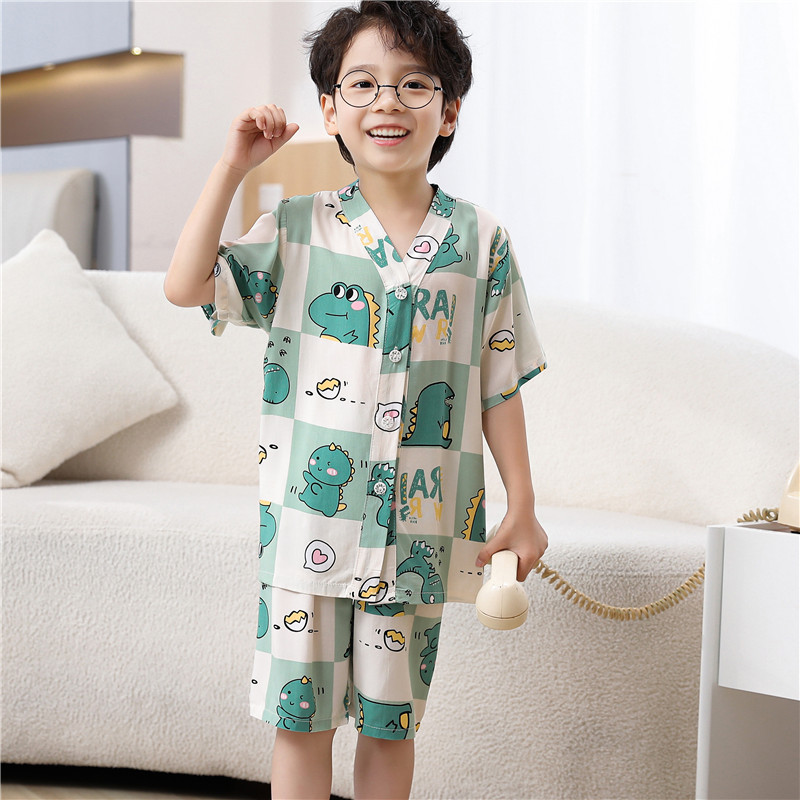 儿童绵绸开衫睡衣夏季男童薄款大童短袖空调服男孩绸绸家居服套装