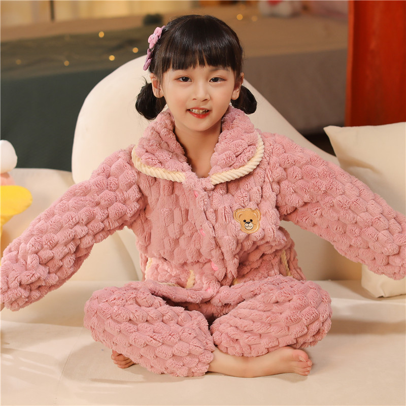 女童珊瑚绒睡衣秋冬保暖加厚女孩女宝宝冬款开衫儿童法兰绒家居服