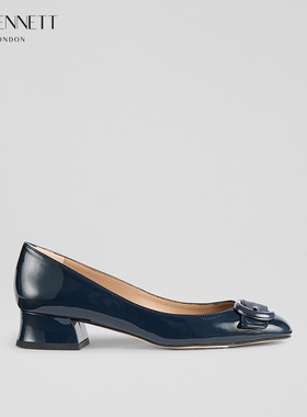 LK BENNETT深蓝色粗跟单鞋女2025年春新款真皮低跟圆头设计感单鞋