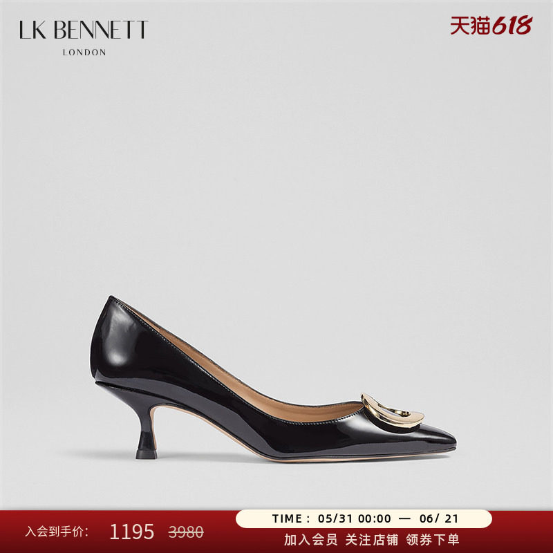 LK BENNETT黑色漆皮单鞋2024年秋新款牛皮细跟浅口金属装饰女鞋