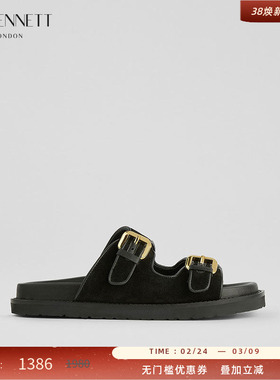 LK BENNETT黑色外穿凉拖2025年夏季新款女绒面平底搭扣露趾一字带