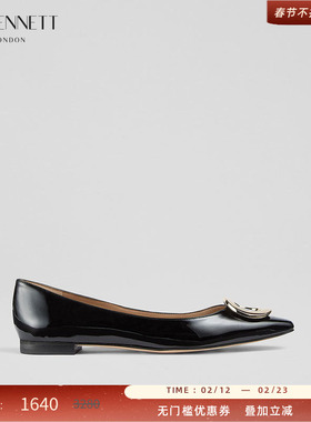LK BENNETT黑色漆皮单鞋2024年秋新款简约牛皮浅口金属装饰女鞋