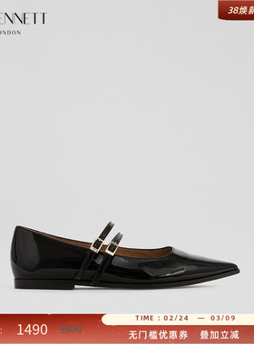 LK BENNETT黑色漆皮平底单鞋2025年夏新款进口双搭扣设计牛皮尖头