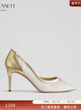LK BENNETT金白色网纱拼接高跟鞋女2024新款尖头8cm细跟仙女风单